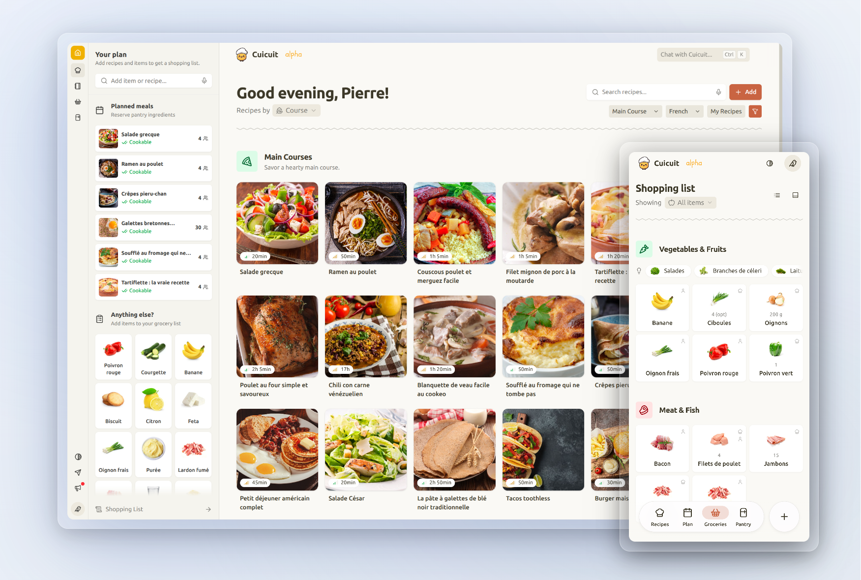 Screenshot of the Cuicuit app showing planned meals, recipe gallery, and shopping list.