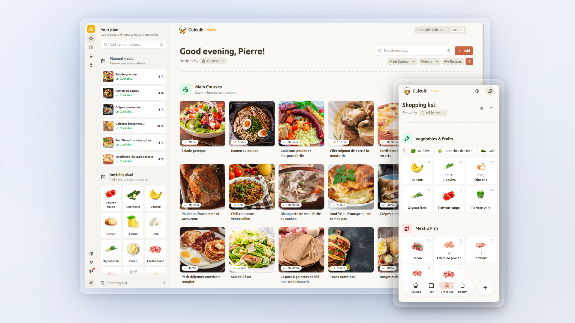 Screenshot of the Cuicuit app showing planned meals, recipe gallery, and shopping list.
